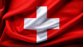 Switzerland national flag with realistic fabric texture and smooth folds waving in the wind. photo