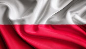 Poland national flag with realistic fabric texture and smooth folds waving in the wind. photo
