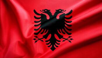 Albania national flag with realistic fabric texture and smooth folds waving in the wind. photo