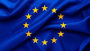 European Union EU national flag with realistic fabric texture and smooth folds waving in the wind. photo