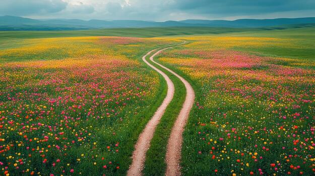 Flower field with dirt path. Colorful flowers bloom in open field under a cloudy sky. Winding trail leads through a vibrant meadow of flowers. photo