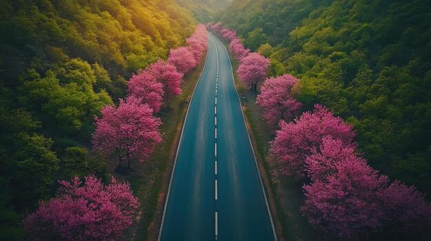 Road with trees in bloom. Spring landscape with flowering trees. Aerial view of road through forest with pink blossom. Travel and nature scene. photo