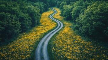 Forest path with yellow flowers. Winding road through the trees. Green nature scene in spring. Country road in bloom. photo