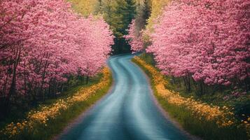 Pink trees line country road. Beautiful blossom in spring. Nature scene of winding path through forest. Road with flowers on side. photo