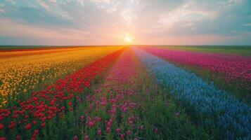 Flower Field at Sunrise. Colorful rows of flowers stretch to the horizon. Beautiful landscape. Spring flowers blooming in the field under sunlight. photo