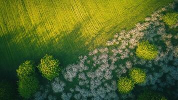 Aerial view of spring landscape. Yellow field and white blossoms, green trees. Nature scene from above. Peaceful rural view. Countryside photo. Bird eye view. photo