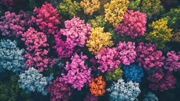 Colorful Forest Trees From Above. Many Different Color. Woods. Spring season. Top down view. Aerial Shot. Outdoor. Nature landscape. photo