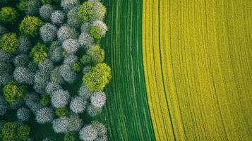 Aerial view of a green forest with white flowers next to a yellow rapeseed field. Countryside landscape with trees and agriculture. Top down drone shot. photo