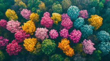 Colorful Trees Top View. Forest with Many Colors. Aerial Look at Bright Tree Tops. Spring Season Forest Canopy. photo
