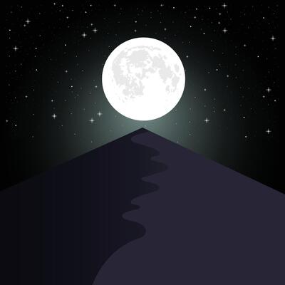 A serene night-time illustration featuring a glowing full moon above a dark desert mountain. The sky is adorned with twinkling stars, creating a peaceful and mystical atmosphere.
