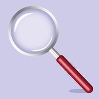 A detailed digital illustration of a magnifying glass with a metallic silver frame and a reflective glass lens.The handle is red with a glossy finish, giving it a realistic and professional appearance vector