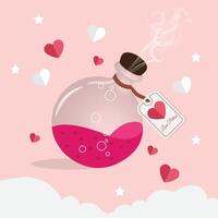Illustration of a glass potion bottle filled with a vibrant pink liquid adorned with tiny heart patterns.The bottle is sealed with a cork,emitting a soft,dreamy mist,and has a tag labeled Love Potion. vector