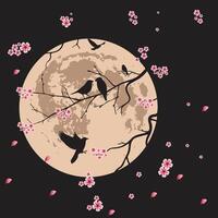 A mesmerizing illustration of a full moon illuminating a dark night sky, with silhouettes of birds perched on cherry blossom-covered branches.creating a peaceful and romantic atmosphere. vector