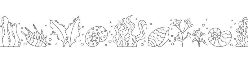 line art set of tropical marine elements. Features corals, seashells, and plants. Perfect for ocean-themed design projects needing underwater or sea elements. vector