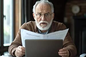 Senior man with glasses looks worried at a computer. He reads a document with a surprised expression. Shocked expression on his face. photo