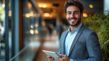 Man in suit. He is smiling and holding a tablet. He is standing in a hallway near a window. Modern and bright office space. photo