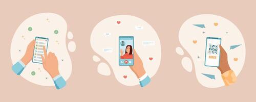 User holds smartphone in hand for chat application. Set of compositions with social message through gesture and digital content. Concept of online communication, technology, and user experience. vector