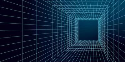 Abstract 3D mesh grid forming a geometric wireframe tunnel. Futuristic y2k tech portal design with sharp lines creating depth in neon blue, giving a retro cyberpunk vibe. Digital geometry. vector