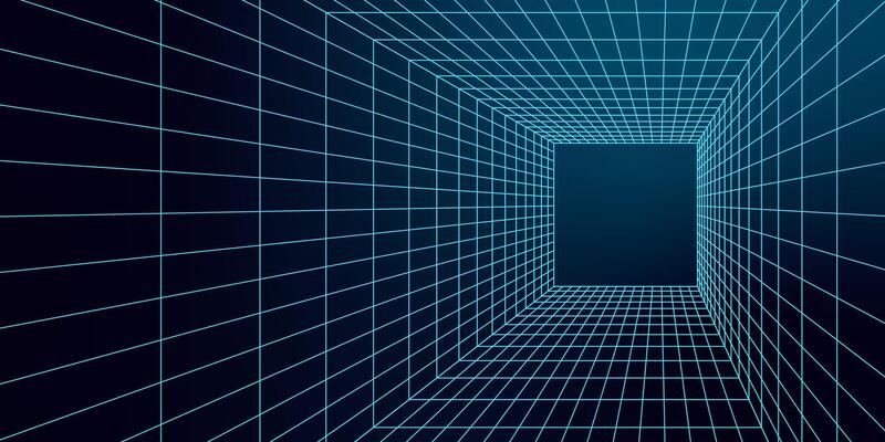 Abstract 3D mesh grid forming a geometric wireframe tunnel. Futuristic y2k tech portal design with sharp lines creating depth in neon blue, giving a retro cyberpunk vibe. Digital geometry.