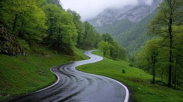 Road winds through green forest. Mountains are in the background. The sky is cloudy. Scenic landscape. Asphalt road. Lush foliage. photo