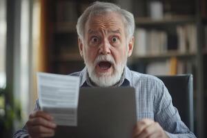 Older Man Looks Shocked. Man Reads Letter With Surprised Expression. Mature Man Is Stunned While Looking At Document. Person Reacts To Paper Message. photo
