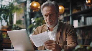 Man looks at paper. Man uses laptop. Man reads document. Senior man reads. Mature man works. Gray hair man. Light indoor scene. Focus on document. photo