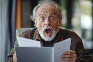 Older man reads paper. Shocked face. Open mouth. Gray hair. He seems surprised at the content. Computer in view. Indoors. Close up portrait. photo