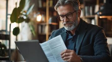 Man with beard looks at paper. Gray haired person reads report. Mature person with glasses reading document near computer. photo