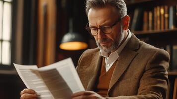 Man reading paper. Bearded man holding document. Focused person reads legal text. Important information on white page. Office work and library background. photo