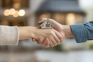 Hands shake with tiny house. Real estate deal is made. Buying a home concept. Selling property agreement. Simple happy moment. photo