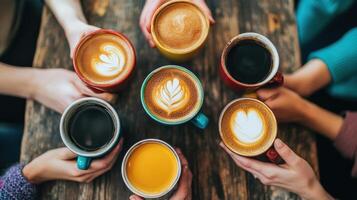 Many drinks on wood. People hold cups of coffee. Top view of mugs. Hot beverage on rustic table. photo