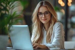 Woman works on computer. Female looks at screen. Smiling lady types at desk. Workplace office scene. Happy person using laptop. Remote work study. photo