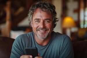 Happy man with phone smiling. Man using a mobile device. Mature man looking and relaxing indoors. Person holding phone smiling at camera. photo