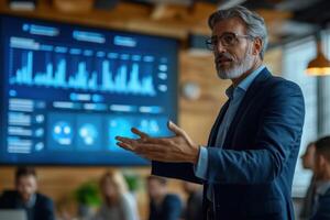 CEO Man Explains Data. Leader Giving Presentation. Team Listens. Charts Displayed. Visual Aid. Modern Office. Business Meeting. Corporate World. Group Learning. Presentation Skills. Success. photo