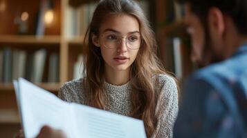 Woman reads paper in a library. She is wearing glasses. Another person is in the frame listening to her talk about the document. photo