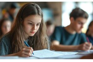 Student Girl at desk writing on paper. Student in class doing school work. Teenager at school studying. Focus on learning and education. photo