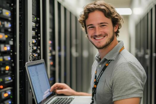 Server room. Man works on laptop computer. Smiling person in data center. Network engineer with server racks. photo