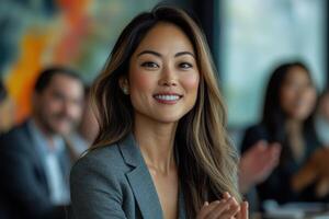 Smiling woman in jacket, applause. Group of people in background. Business meeting or conference scene. Office environment. Happy and positive expression. photo