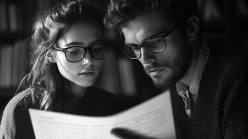 People reading document. Woman and man looking at paper. Studying together, focus on content. Glasses and dark light. Black and white image. photo