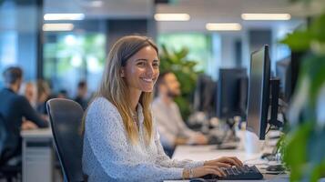 Office worker types at computer. Woman smiles at desk. Modern business workspace. Colleagues work in background. Plants decorate area. photo