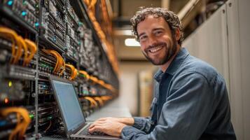 Server room. Person uses laptop. Storage racks. System admin smiling. Data center work. Hardware repair. Network engineer fixes problem. Computer server maintenance. photo