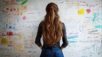 Woman looks at wall. Wall with many colorful sketches. Back view of woman. Drawings and scribbles. Charts on the wall. Many ideas for development. photo