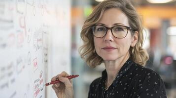 Woman draws on whiteboard. Female with glasses at work. Drawing diagrams. Brainstorming ideas. Office scene. Business meeting. Creative planning. Strategy session. Presentation of plans. photo