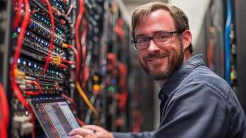 Server room. Network engineer working. Man with laptop inspecting computer hardware. Data center equipment. System administrator smiling in server farm. photo