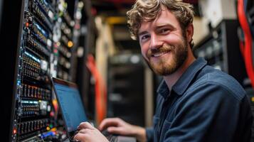 Server room. System engineer uses laptop. Data center hardware. Man smiling in front of network equipment. Programmer codes with technology. photo