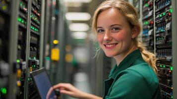 Server room. System administrator. Woman using laptop. Data center with servers. Computer network. Professional engineer working. photo