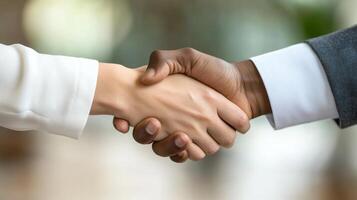 Business people shake hands. Diverse skin tones meeting. Handshake between colleagues. Agreement between partners. Closeup of hands joining. Partnership concept. Business deal or collaboration. photo