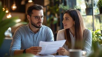 Business people read papers. Man shows woman document. Coworkers talk about work. Indoor office space. Plants add freshness. Meeting in a cafe or workspace. photo