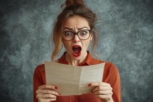 Woman sees document. Shocked face. Reading bad news. Expression of surprise. Holding paper. Big glasses. Scared expression. photo