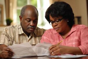 Couple reads papers together. Man and woman look at documents on table. Person holds pencil and reviews financial statements. Home interior scene. photo